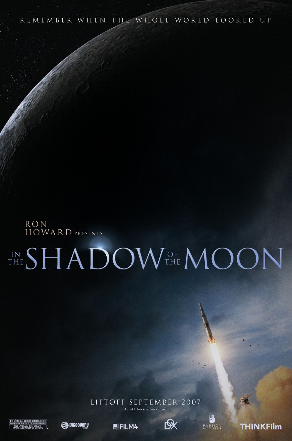 A rocket leaves earth headed to a dark and dramatic moon. Caption says Remember when the Whole World Looked up